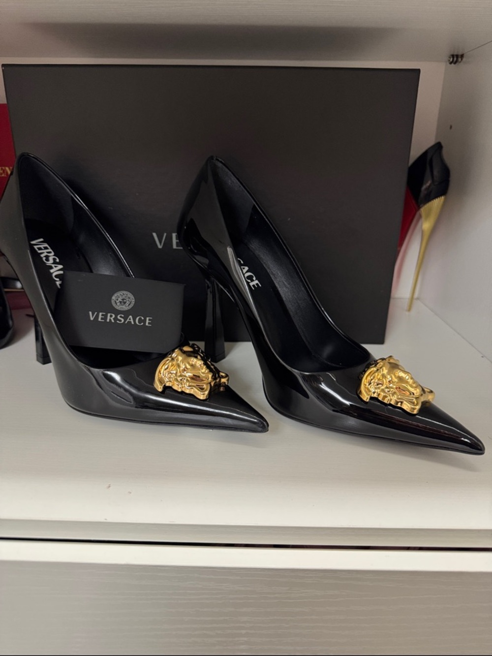Versace Black Patent Leather Pointed Pumps with Gold Medusa